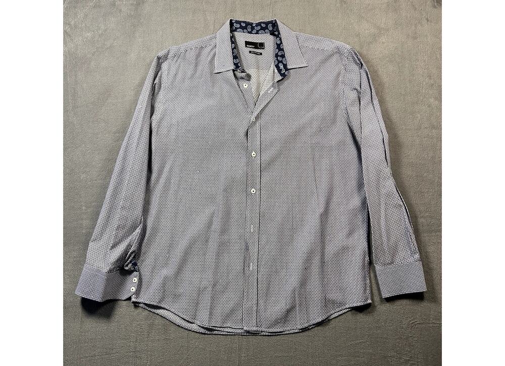Quieti Men Size XL Blue Micro Print Paisley Contrast Collar Cuff Button Shirt